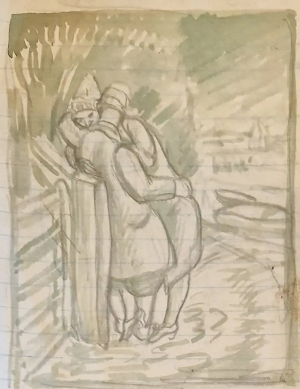SL11 Two Lovers at Farm Gate study drawing III c1940s by Stanley Lewis Original Art from Barewall Art Gallery