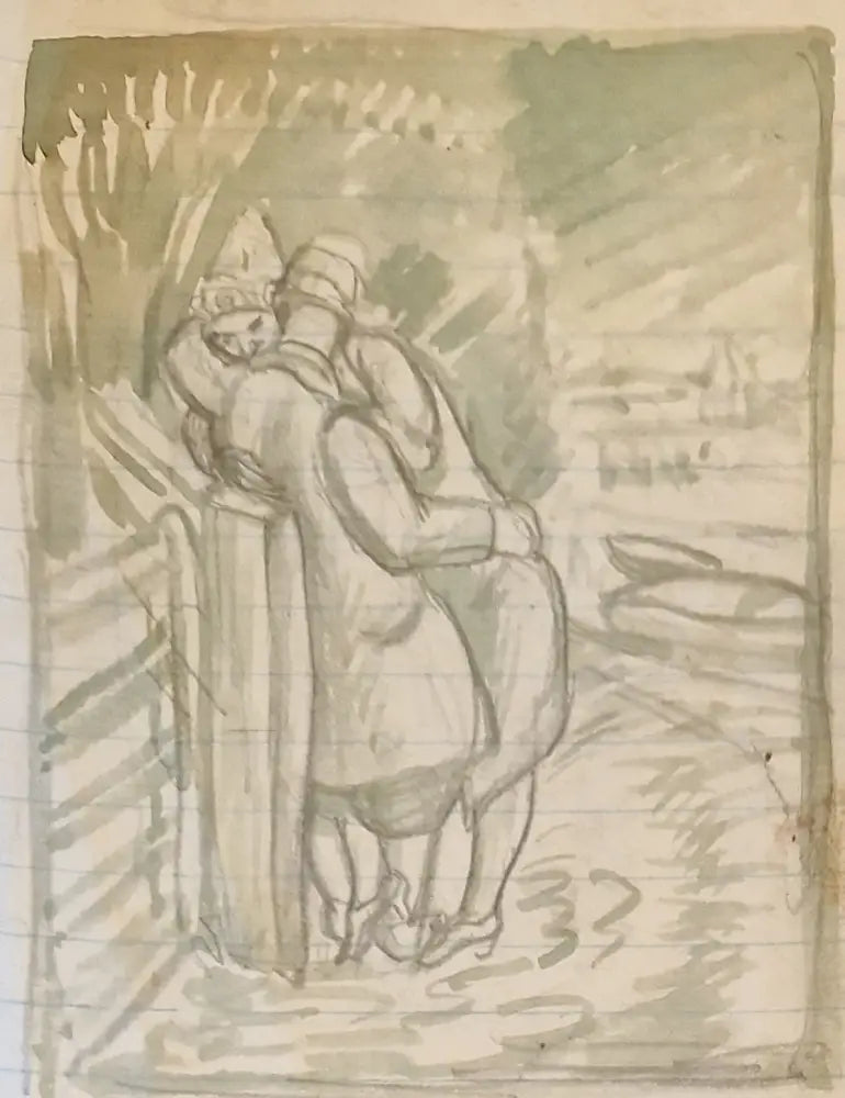 SL11 Two Lovers at Farm Gate study drawing III c1940s by Stanley Lewis Original Art from Barewall Art Gallery