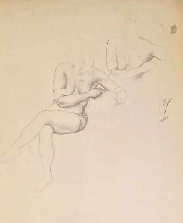SL12 Female Seated Nude Studies with Hand Study drawing c1940s by Stanley Lewis Original Art from Barewall Art Gallery