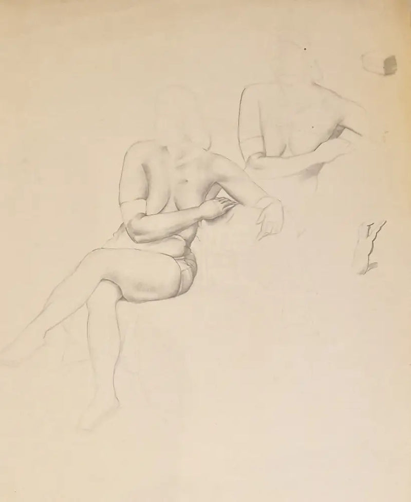 SL12 Female Seated Nude Studies with Hand Study drawing c1940s by Stanley Lewis Original Art from Barewall Art Gallery