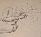 SL12 Female Seated Nude Studies with Hand Study drawing c1940s by Stanley Lewis by Barewall