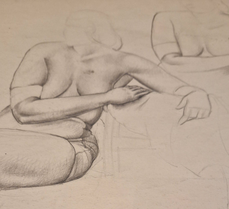 SL12 Female Seated Nude Studies with Hand Study drawing c1940s by Stanley Lewis by Barewall