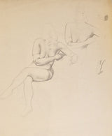 SL12 Female Seated Nude Studies with Hand Study drawing c1940s by Stanley Lewis by Barewall