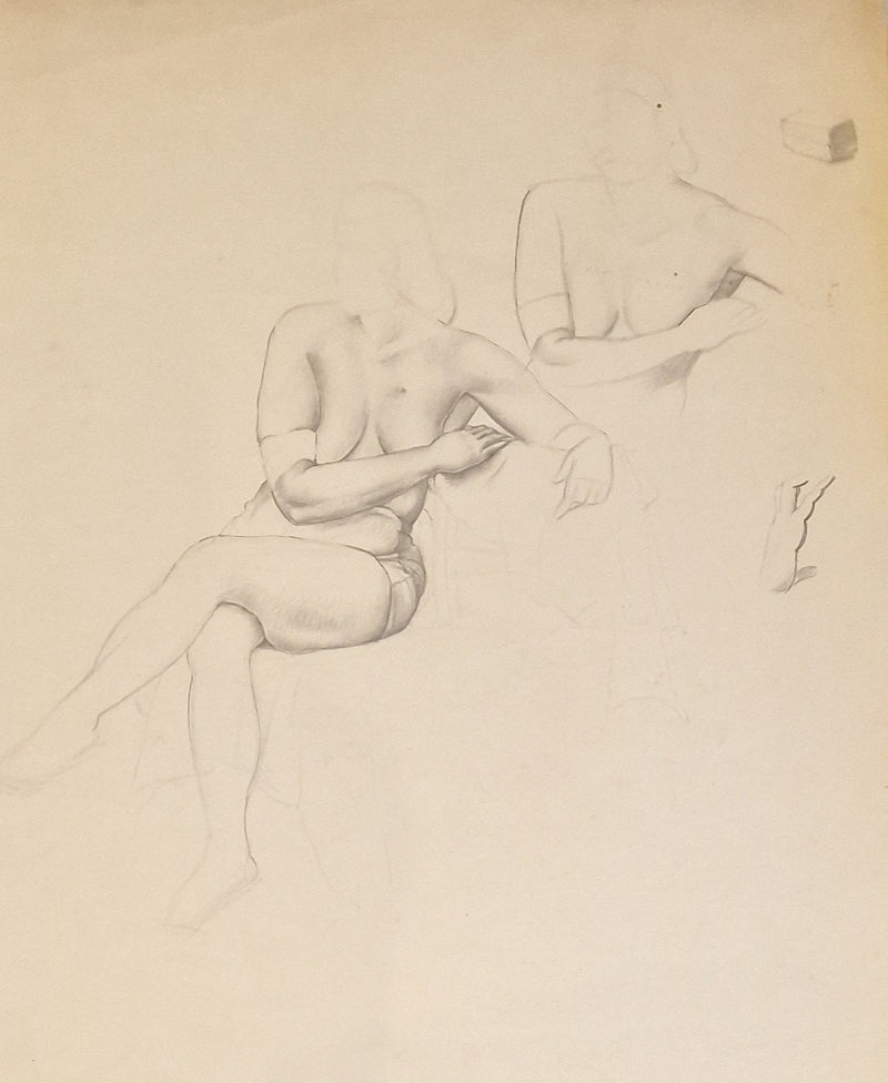 SL12 Female Seated Nude Studies with Hand Study drawing c1940s by Stanley Lewis by Barewall