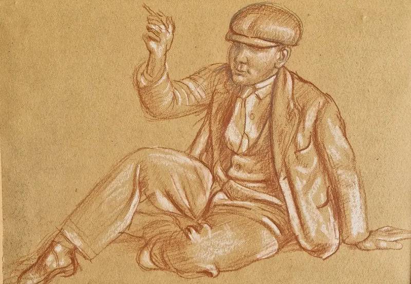 SL13 Man Seated on Ground Figure drawing by Stanley Lewis circa 1930s Original Art from Barewall Art Gallery