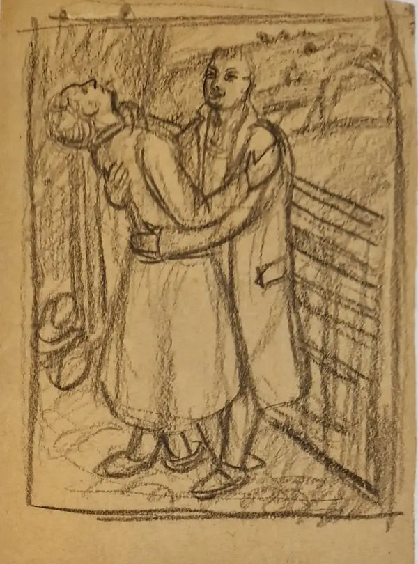 SL9 Two Lovers at Farm Gate study drawing c1940s by Stanley Lewis Original Art from Barewall Art Gallery