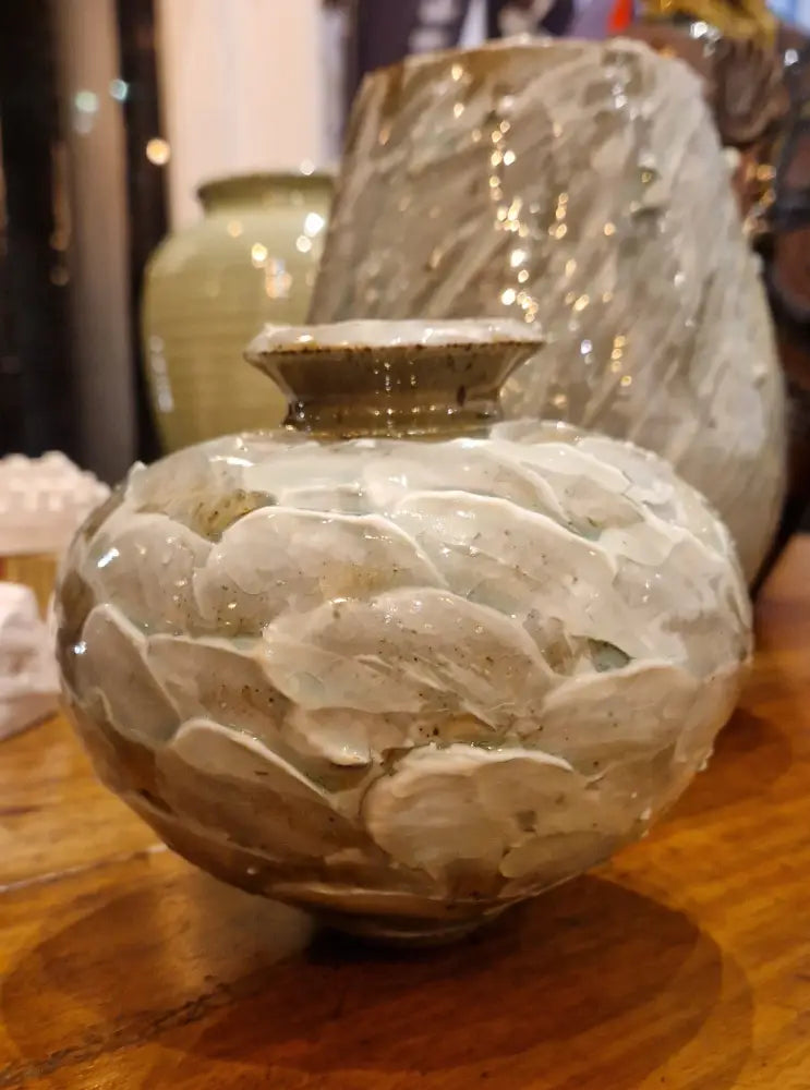 Small Stoneware Round Pot with Celedon Porcelain Wipe by Alex Shimwell Ceramics from Barewall Art Gallery