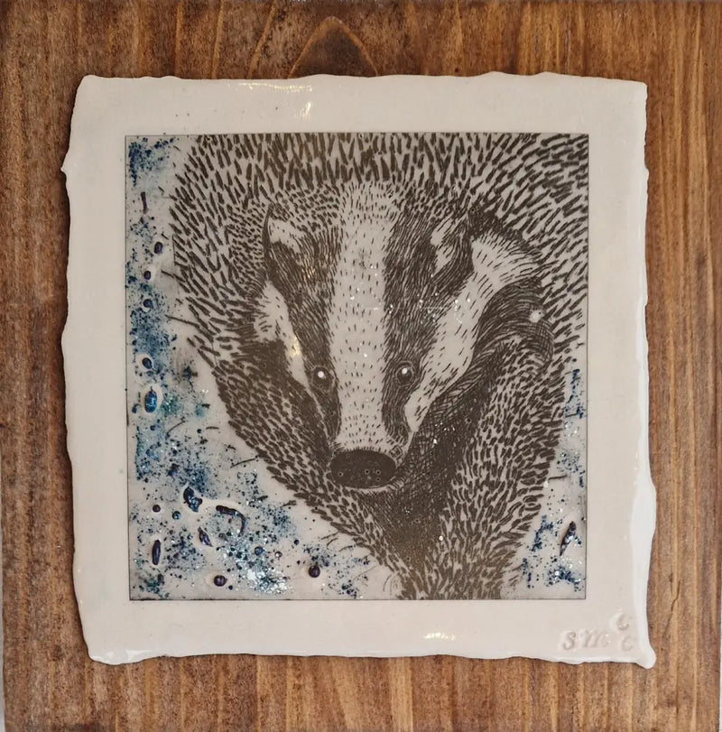 SMP British Wildlife Tile - The Badger printed on Clay 2025 by Shauna McCann Ceramics from Barewall Art Gallery