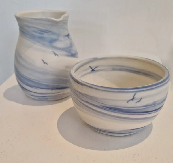 SOCLM3 Blue and White Porcelain Jug and Matcha Cup by Lillian Mann Ceramics from Barewall Art Gallery
