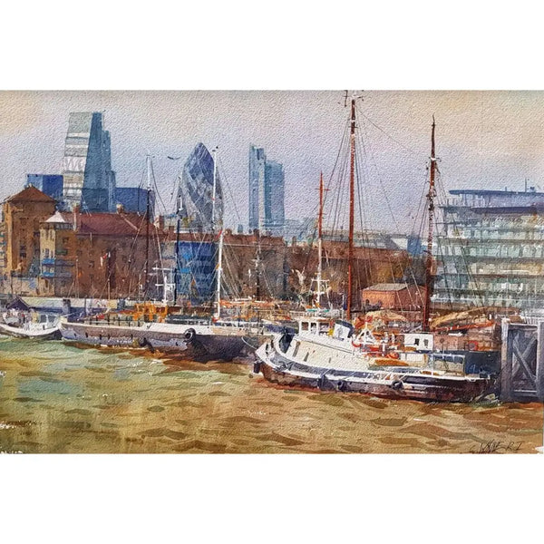 Thames Harbourside by Geoffrey Wynne RI Original Art from Barewall Art Gallery
