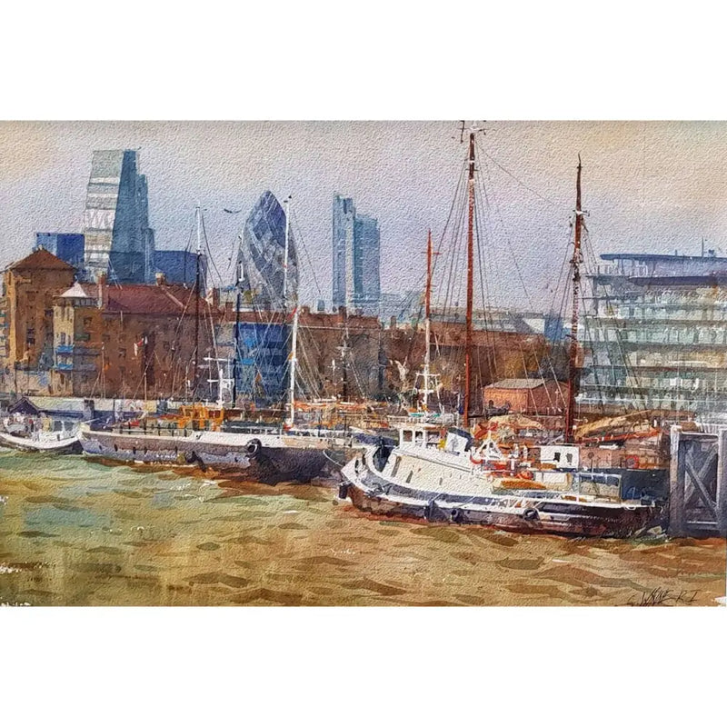 Thames Harbourside by Geoffrey Wynne RI Original Art from Barewall Art Gallery