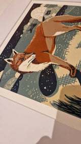 The Fox and the Fallen Tree Lino Print 2025 by Louise Edwards Prints from Barewall Art Gallery
