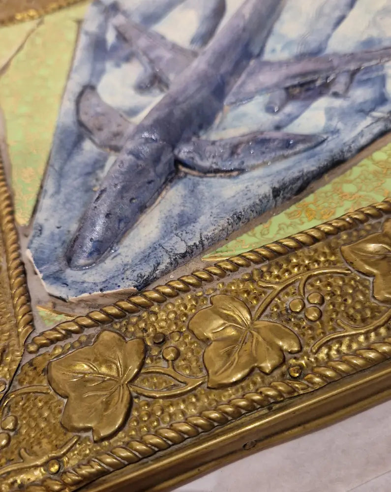 Whale Plane Arts and Crafts Brass Framed Mosaic 1990 by Philip Hardaker Ceramics from Barewall Art Gallery