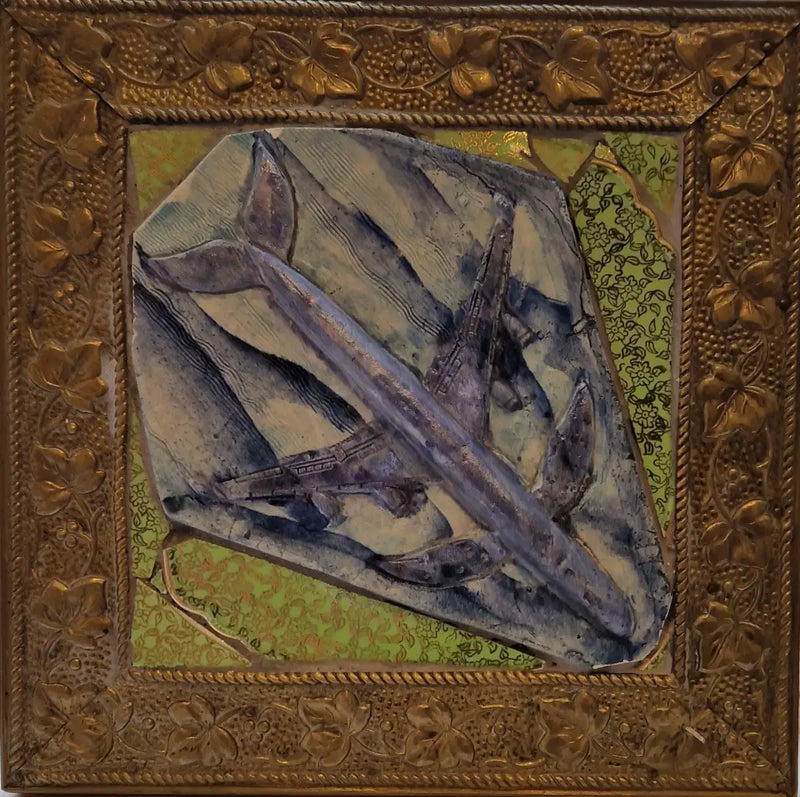 Whale Plane Arts and Crafts Brass Framed Mosaic 1990 by Philip Hardaker Ceramics from Barewall Art Gallery