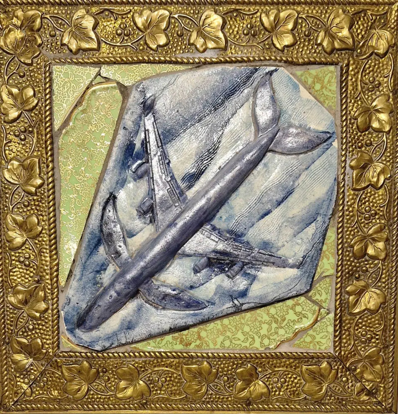 Whale Plane Arts and Crafts Brass Framed Mosaic 1990 by Philip Hardaker Ceramics from Barewall Art Gallery