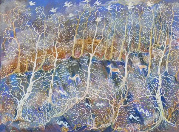 Woodland Misty Morning Tempera Painting by Kate Collins Original Art from Barewall Art Gallery