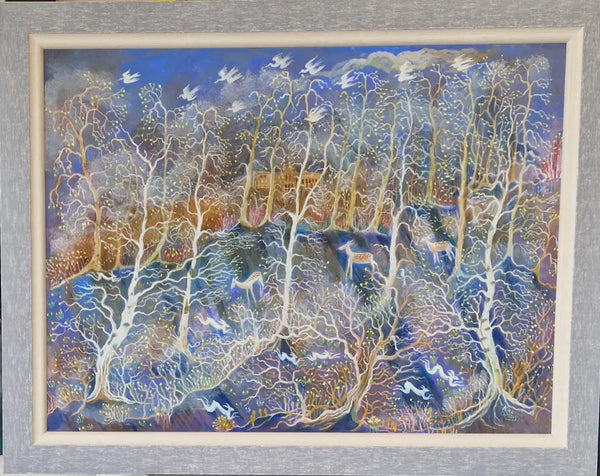 Woodland Misty Morning Tempera Painting by Kate Collins Original Art from Barewall Art Gallery