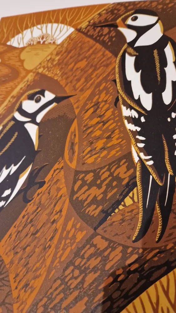 Woodpeckers Lino Print by Louise Edwards Prints from Barewall Art Gallery