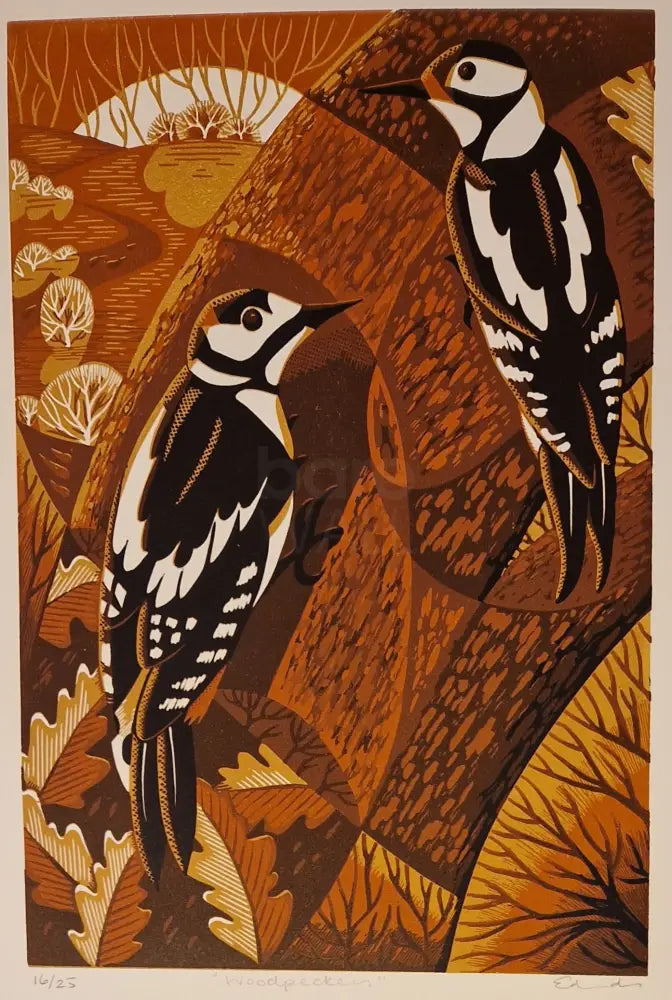 Woodpeckers Lino Print by Louise Edwards Prints from Barewall Art Gallery