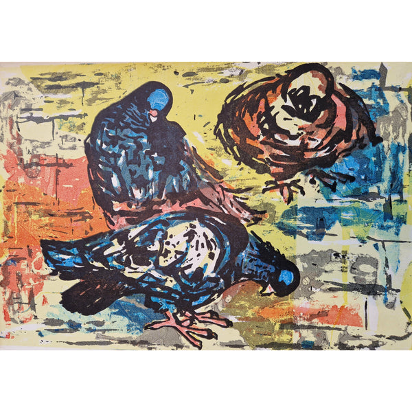 LD1 Pigeons Linocut c1950s by Leslie Duxbury