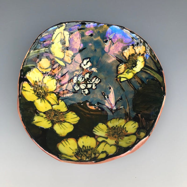 Hand made bowl decorated with wetland flowers and plants by Jonathan Cox | Marsh Flowers | Barewall Art Gallery