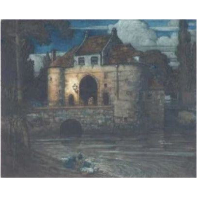 The Old Gateway Bruges colour etching by Frederick Marriott