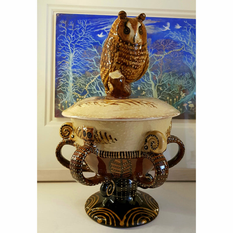 Carole Glover Ceramics CG26 Slipware Owl Lidded Multi-handled Tyg Loving Cup by Carole Glover