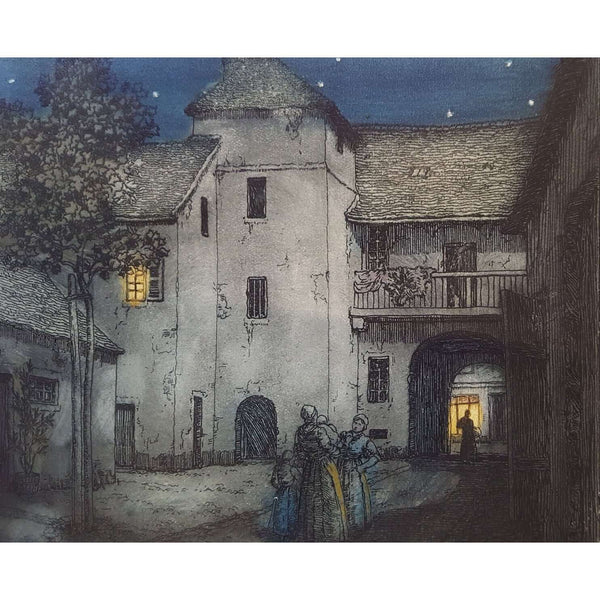 A Courtyard in Moret, France colour etching by Frederick Marriott | Etching by Frederick Marriott | Barewall Art Gallery