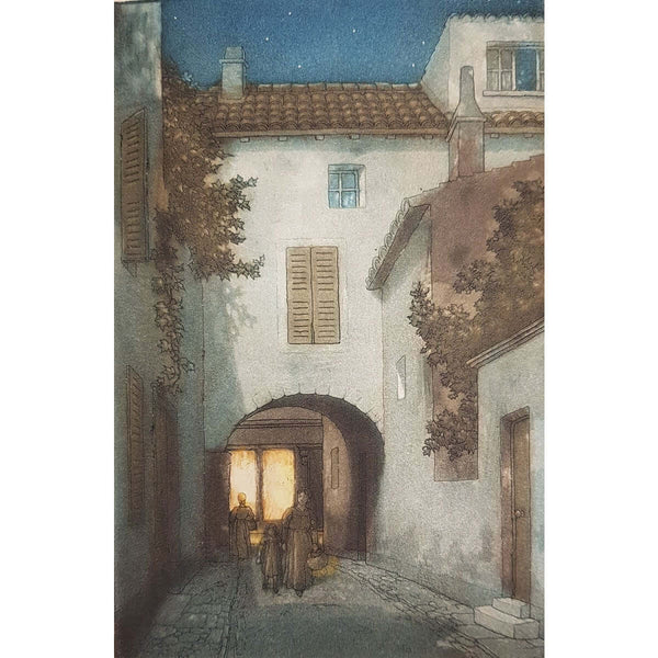 An Archway at Pernes, France colour etching by Frederick Marriott | Etching by Frederick Marriott | Barewall Art Gallery