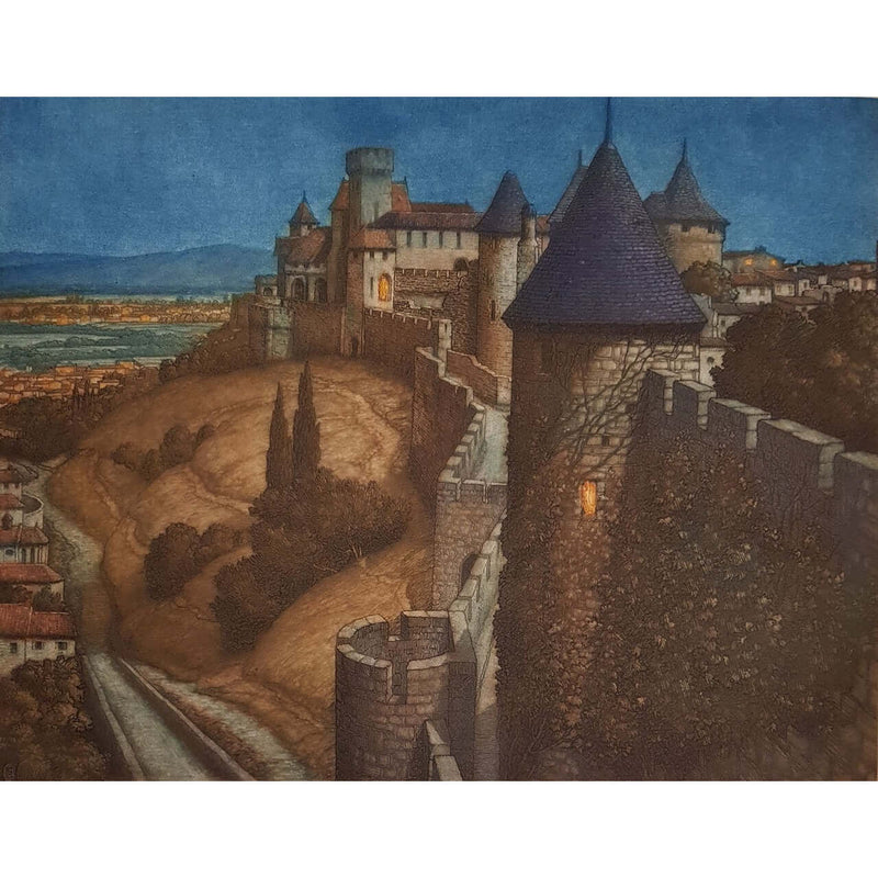 Carcassonne, France colour etching by Frederick Marriott | Etching by Frederick Marriott | Barewall Art Gallery