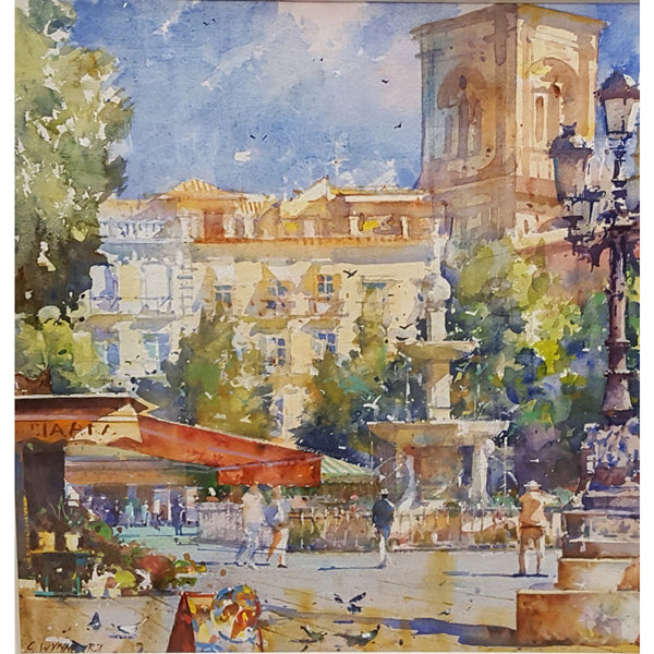 Geoffrey Wynne RI Original Art Plaza Bib Rambla, Granada by Geoffrey Wynne RI