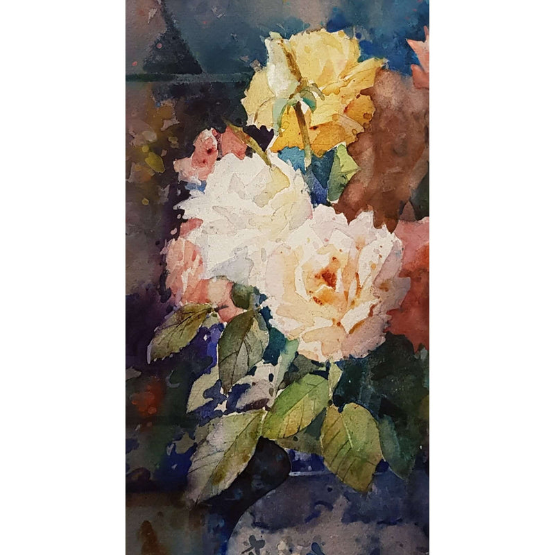 Roses in blue and white by Geoffrey Wynne RI