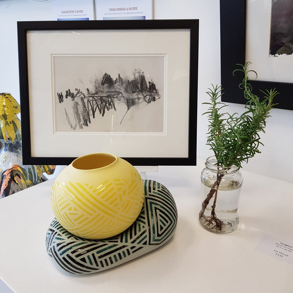 Jessie Roberts Ceramics Green Blob with Sun Yellow Vessell 2019 by Jessie Roberts