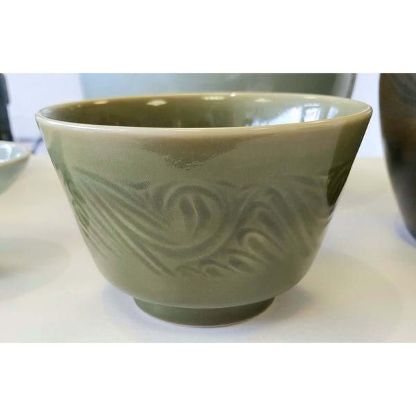 Hand thrown incised decorated green bowl by Agnete Hoy
