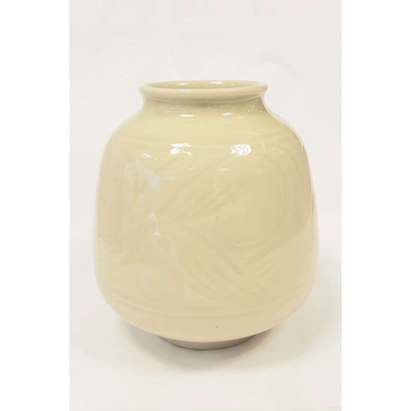 Hand thrown hand incised decorated yellow vase by Agnete Hoy